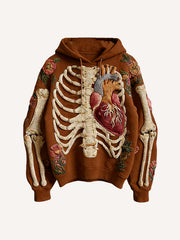 Knitted Heart Skeleton Printed Hooded Sweatshirt