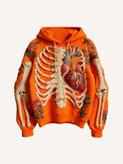 Knitted Heart Skeleton Printed Hooded Sweatshirt