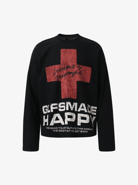 Street Cross Lettering Print Long-Sleeved T-Shirt
