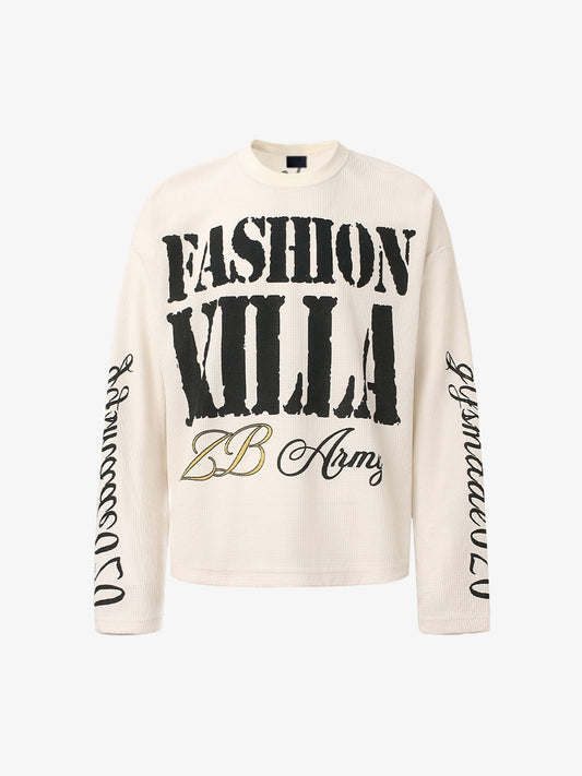 Retro Letter Print Waffle Simplicity Long-Sleeved T-Shirt
