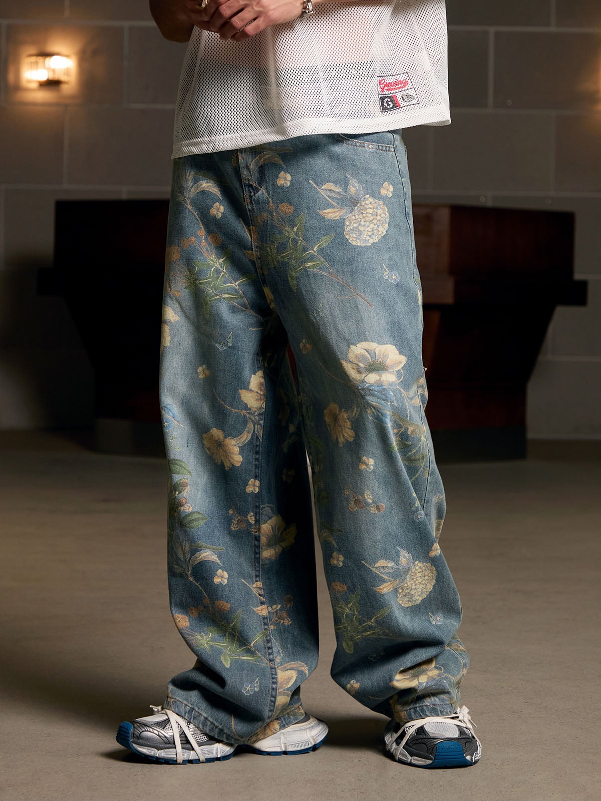 Denim Floral Print Carpenter Jeans - 2237