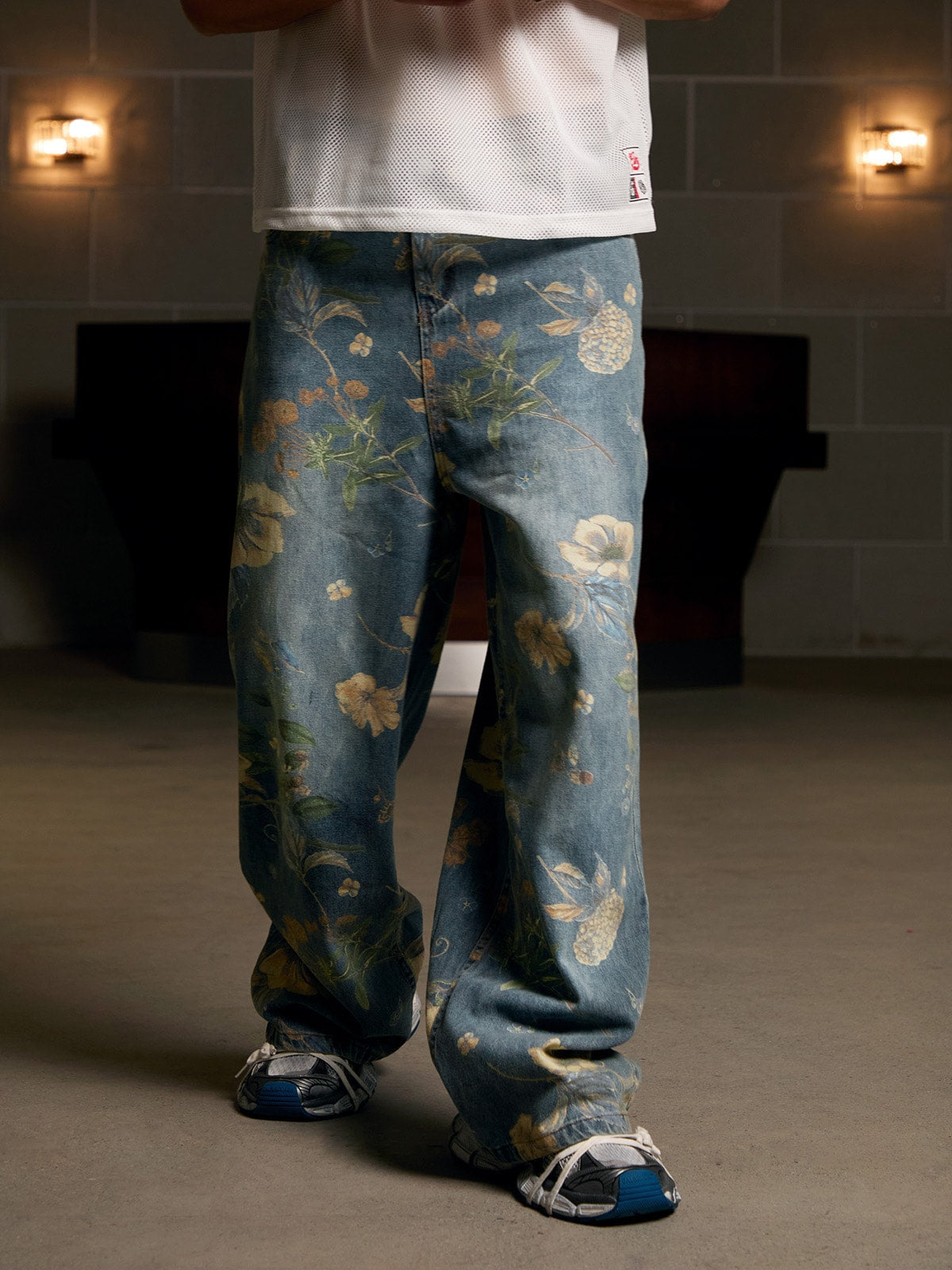 Denim Floral Print Carpenter Jeans - 2237