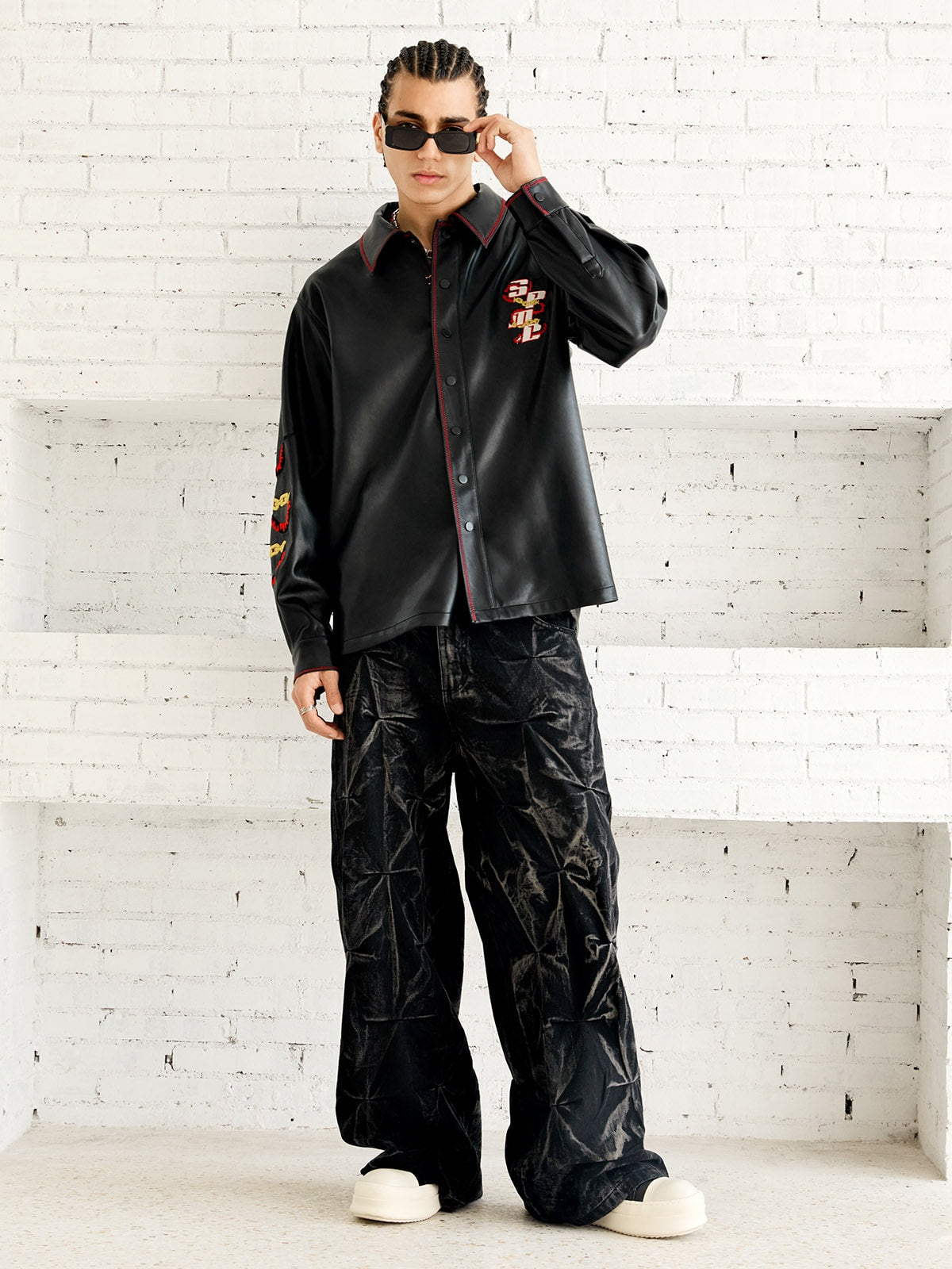 Denim Heavy Washed Distressed Pleated Baggy Jeans - 2282