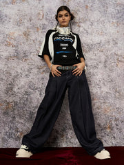 Deconstructed Contrast Stitching Pleated Baggy Barrel Jeans - 2343