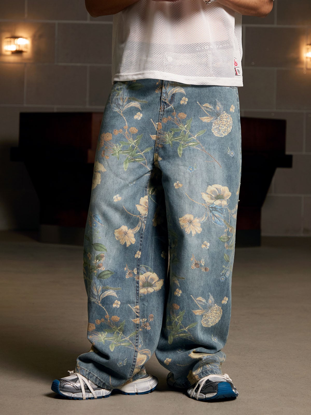Denim Floral Print Carpenter Jeans - 2237
