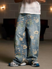 Denim Floral Print Carpenter Jeans - 2237