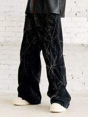 Denim Heavy Washed Distressed Pleated Baggy Jeans - 2282