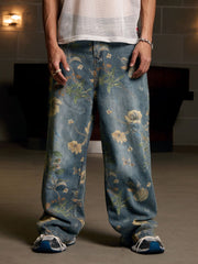 Denim Floral Print Carpenter Jeans - 2237