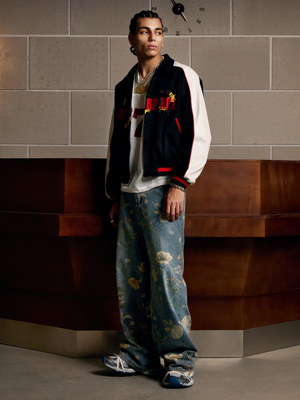 Denim Floral Print Carpenter Jeans - 2237