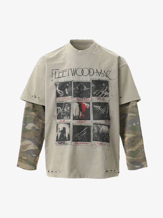 Jersey Distressed Camouflage Faux Two-Piece Graphic T-Shirt