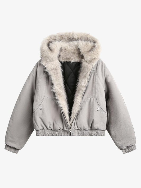 Spliced Fur Hooded Quilted Jacket - 2285