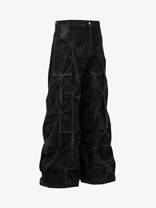 Denim Heavy Washed Distressed Pleated Baggy Jeans - 2282