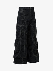 Denim Heavy Washed Distressed Pleated Baggy Jeans - 2282