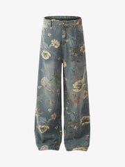 Denim Floral Print Carpenter Jeans - 2237