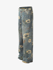 Denim Floral Print Carpenter Jeans - 2237