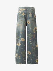 Denim Floral Print Carpenter Jeans - 2237