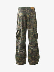 Woven Ripped Camouflage Flared Cargo Pants - 2410