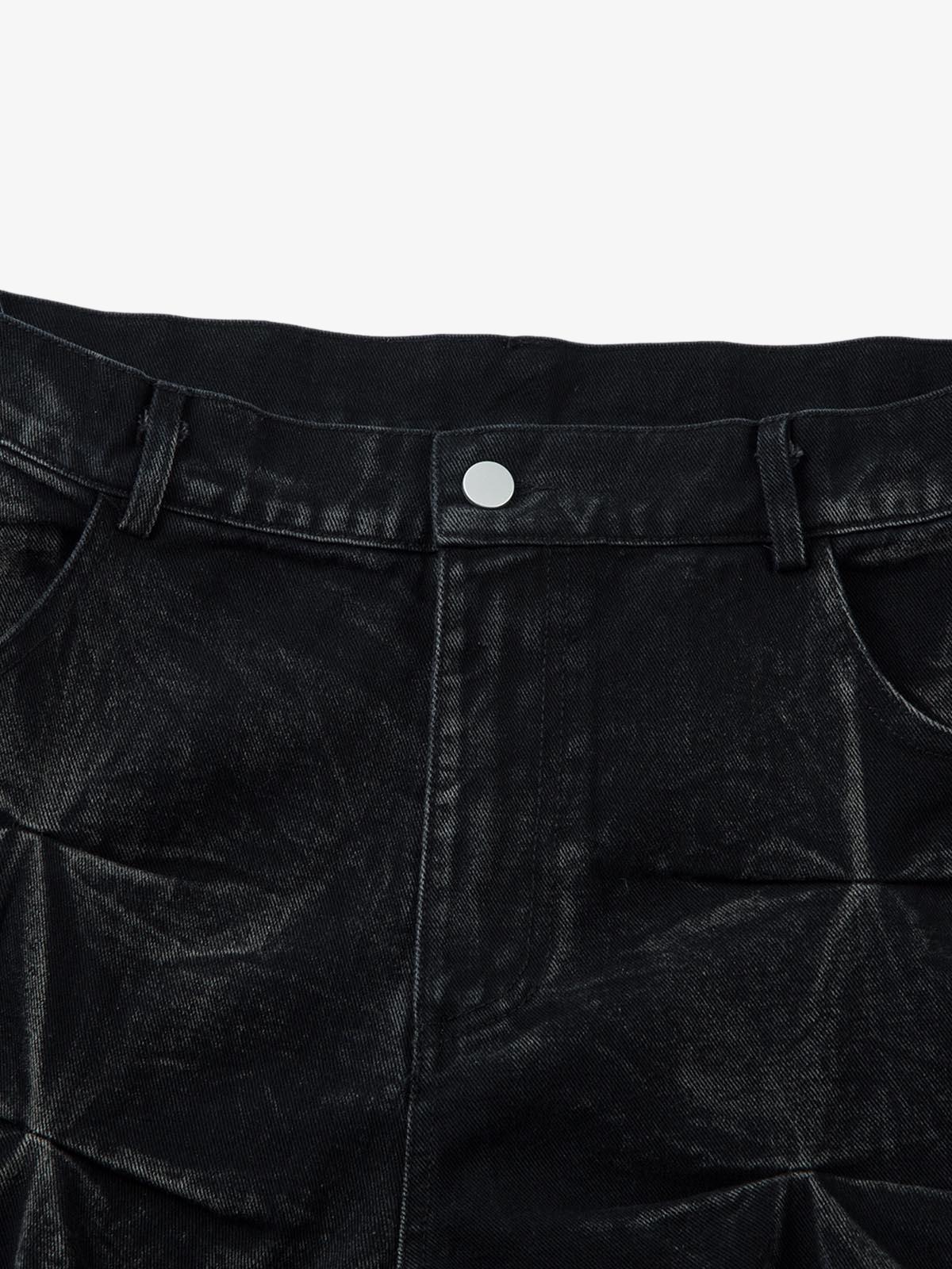Denim Heavy Washed Distressed Pleated Baggy Jeans - 2282