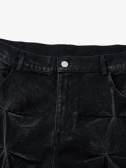 Denim Heavy Washed Distressed Pleated Baggy Jeans - 2282