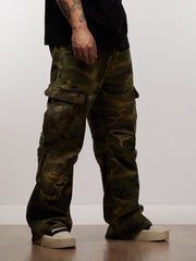 Woven Ripped Camouflage Flared Cargo Pants - 2410