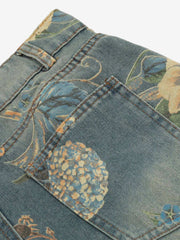 Denim Floral Print Carpenter Jeans - 2237