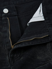 Denim Heavy Washed Distressed Pleated Baggy Jeans - 2282
