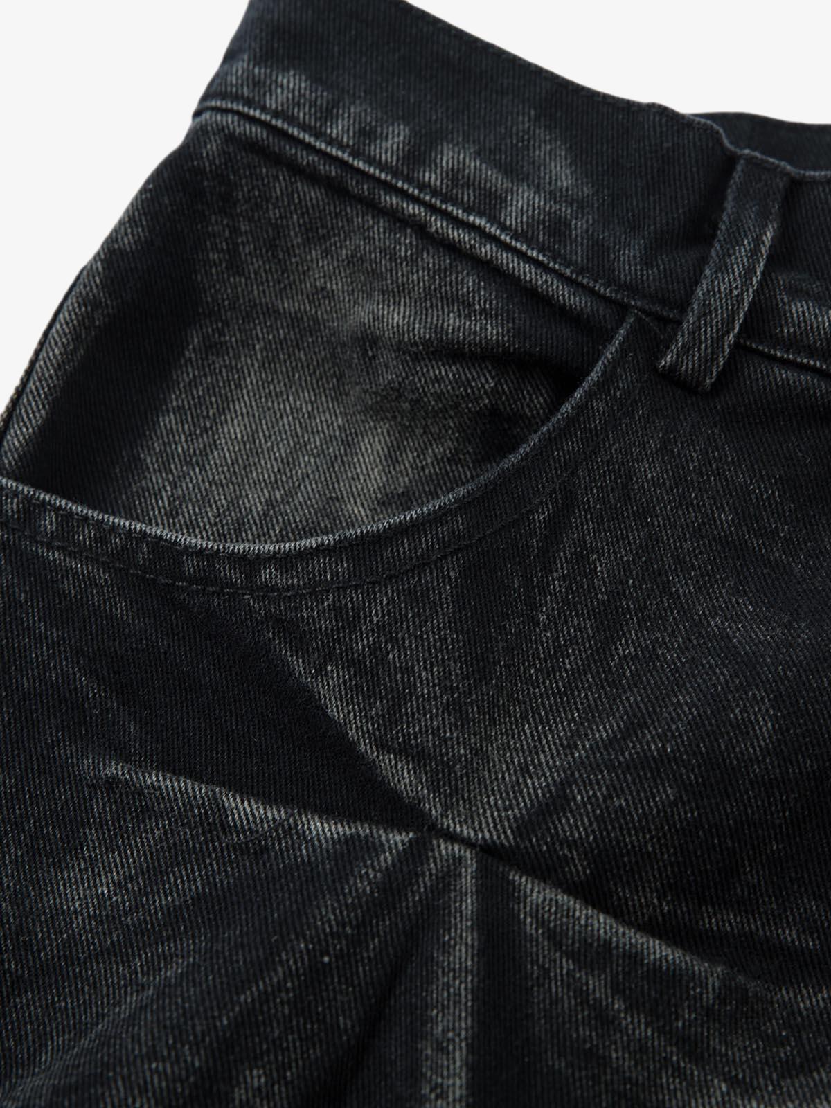 Denim Heavy Washed Distressed Pleated Baggy Jeans - 2282