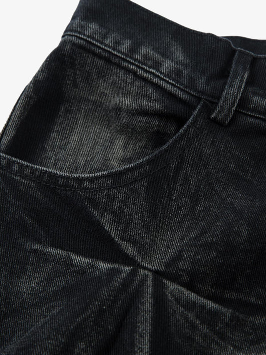 Denim Heavy Washed Distressed Pleated Baggy Jeans - 2282