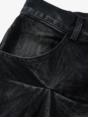 Denim Heavy Washed Distressed Pleated Baggy Jeans - 2282