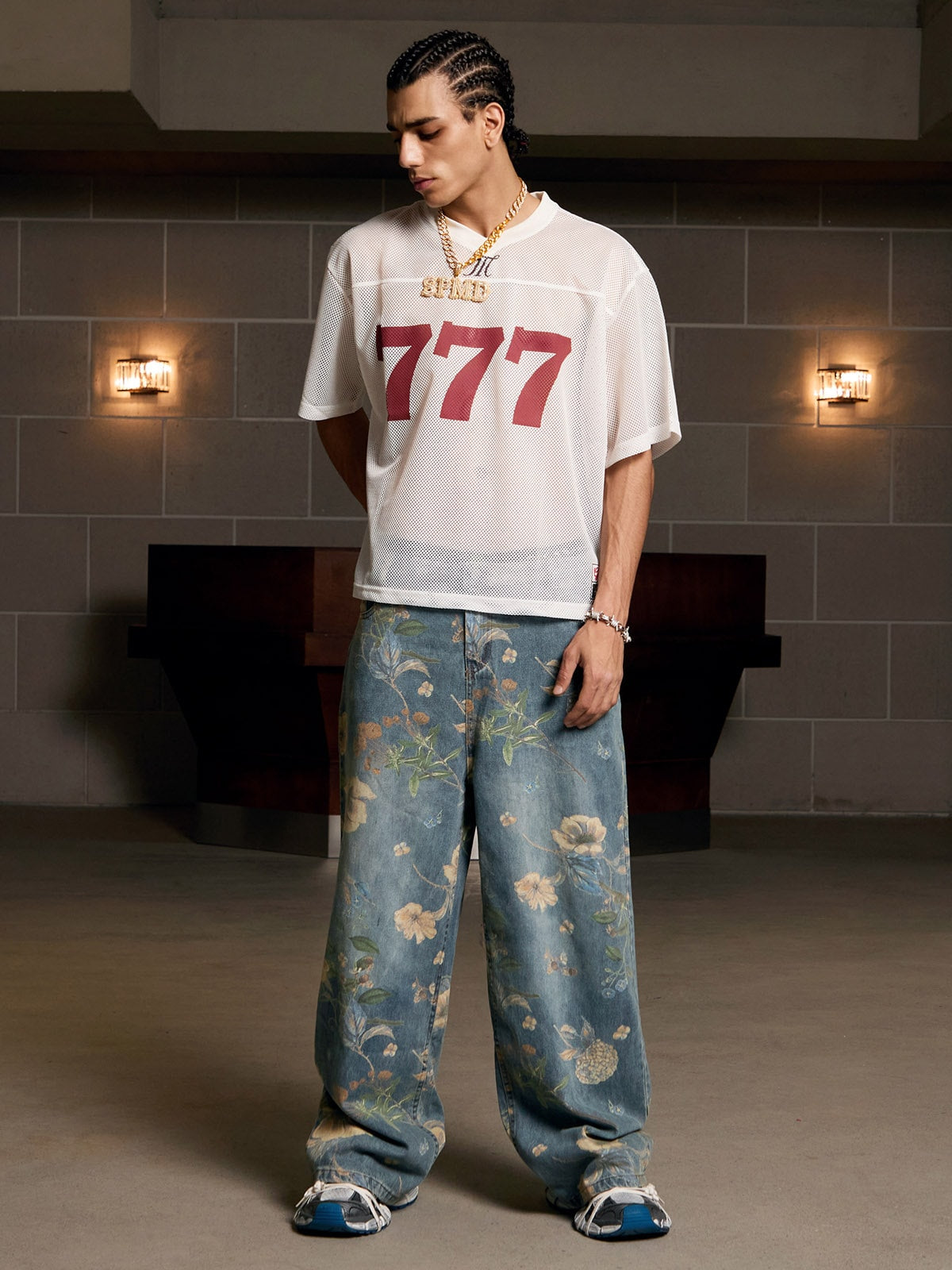 Denim Floral Print Carpenter Jeans - 2237
