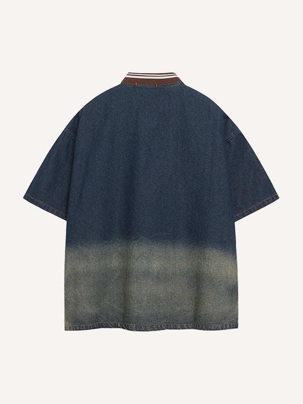 Washed denim V-neck short-sleeved T-shirt
