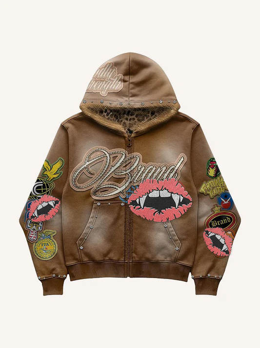 Distressed hooded double-patch sweatshirt