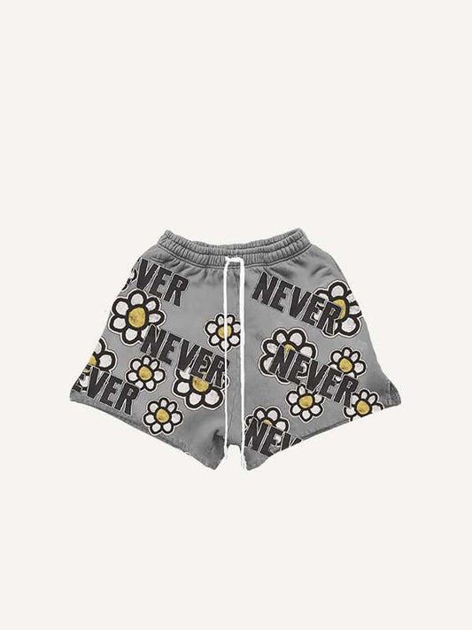 Floral&Letter Print Drawstring Waist Shorts