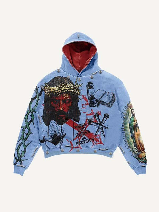 Kapuzenpullover mit Jesus-, Maria-, Kreuz-, Buchstaben- und Grafikdruck und schrägen Taschen