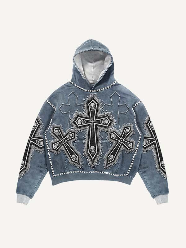 Skull&Letter&Cross Print Slant Pockets Hoodie
