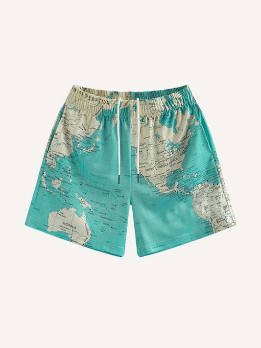 Map Print Mesh Drawstring Waist Shorts