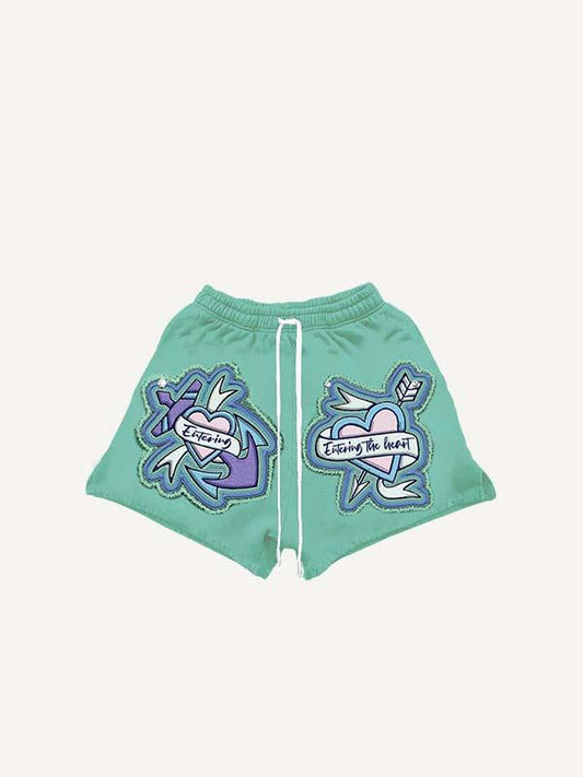 Heart&Sword&Arrow&Skeleton&Letter&Fire Faux Decal Print Drawstring Waist Shorts