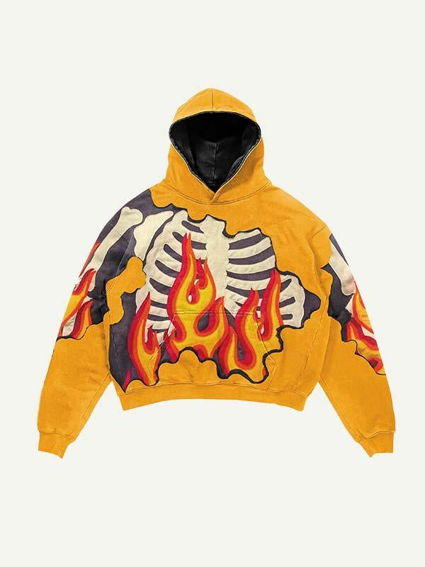 Fire&Skeleton Faux Decal Print Slant Pockets Hoodie