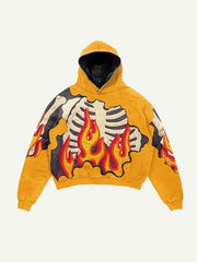 Fire&Skeleton Faux Decal Print Slant Pockets Hoodie