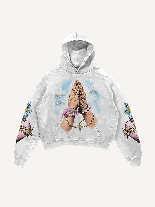 Pray Letter&Heart&Palm Print Slant Pockets Hoodie