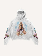Pray Letter&Heart&Palm Print Slant Pockets Hoodie