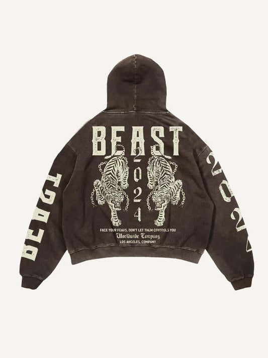 Kapuzenpullover mit Tiger- und Buchstaben-Print und schrägen Taschen 