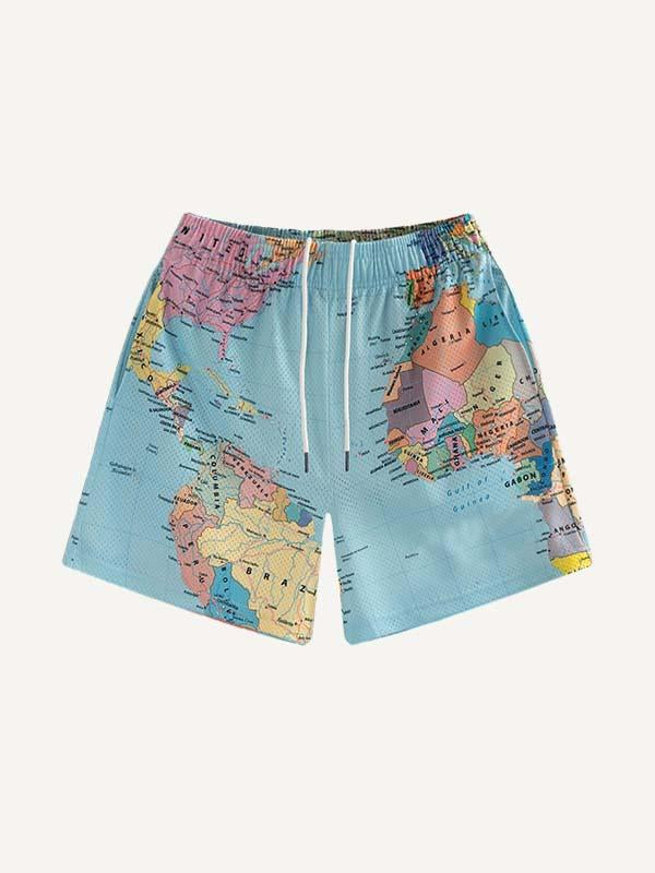 Map Print Mesh Drawstring Waist Shorts