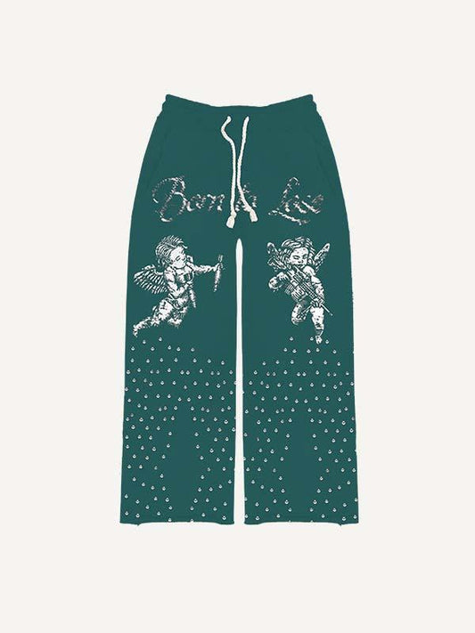 Hose mit elastischer Taille und Engel-, Waffen- und Buchstaben-Print 