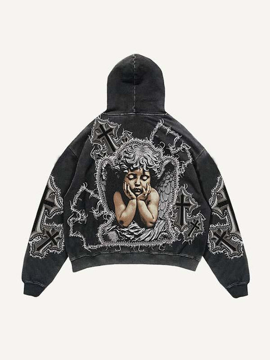 Cross&Angel&Wing&Letter Faux Decal Print Slant Pockets Hoodie