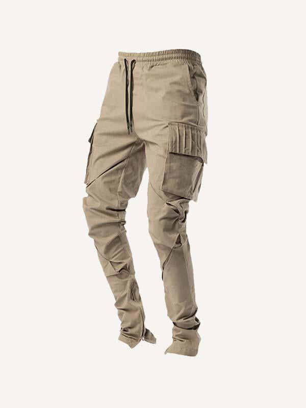Solid Color Flap Pocket Side Zipper Detail Drawstring Waist Cargo Pants