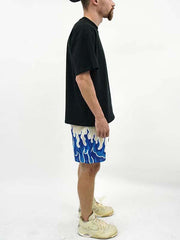 Fire Print Mesh Drawstring Waist Shorts