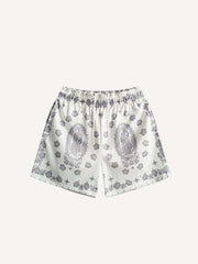 Mary&Floral Print Mesh Drawstring Waist Shorts