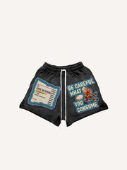 Medicine Bottle&Letter Faux Decal Print Drawstring Waist Shorts