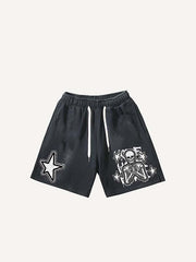 Star&Skeleton Pray Faux Decal Print Drawstring Waist Shorts